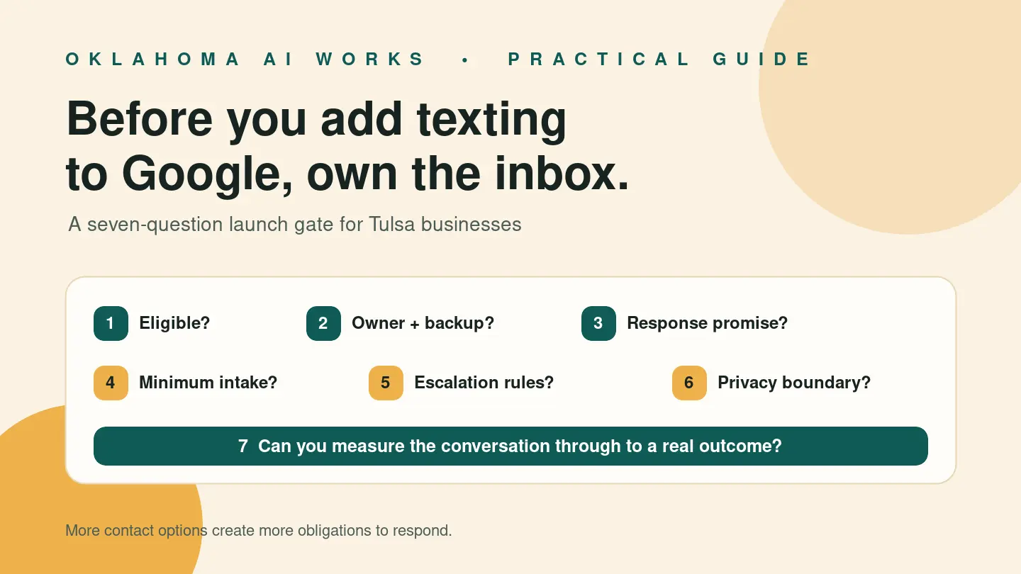 A seven-question launch gate for Google Business Profile text messaging, centered on inbox ownership, response promises, safe routing, and measurement.