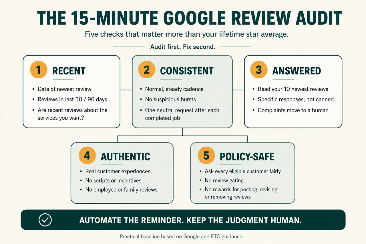 The 15-minute Google review audit checklist: recent, consistent, answered, authentic, and policy-safe.
